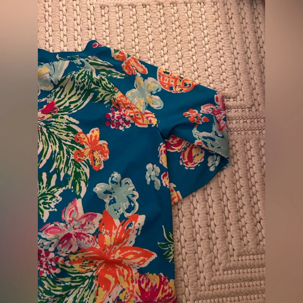 Gymboree Women Sz M (7-8) Blue Pineapple Floral Long Sleeve Rash-guard Swim Top
